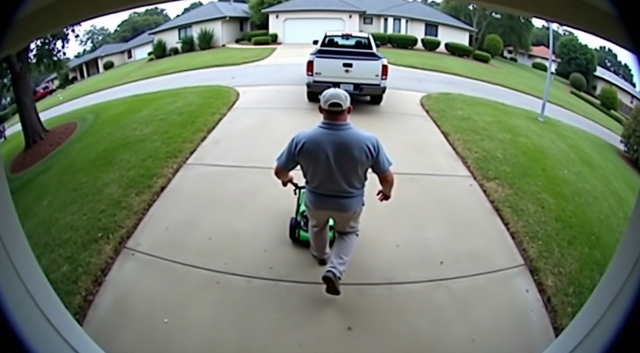A landscaper pushes a mower up a residential driveway, seen from behind and above by a fixed camera. Their pickup is parked in front of the garage.